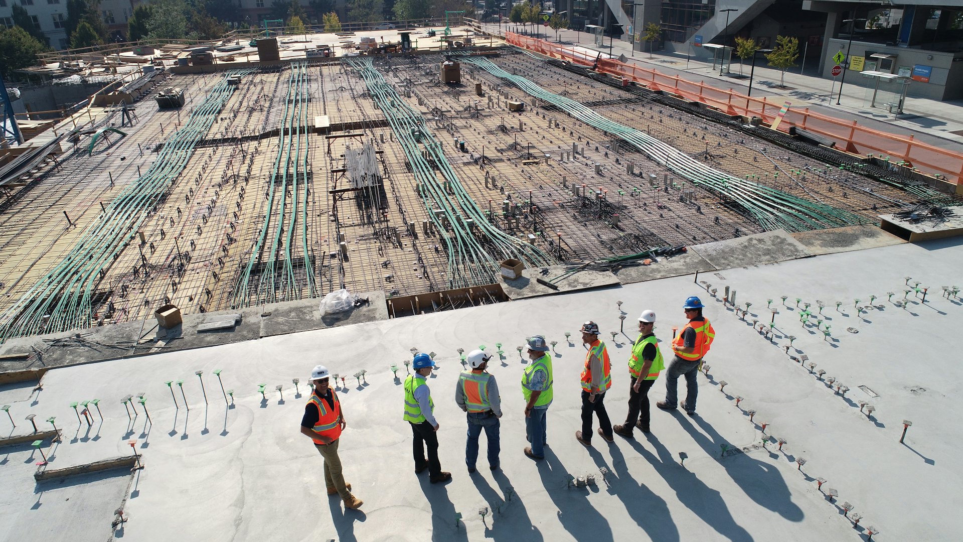Aerial view of a Hi-Construct project site with the delivery team on the ground
